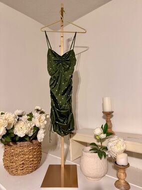 For Love And Lemons Olive Green Polka Dot Ruched Slip Dress